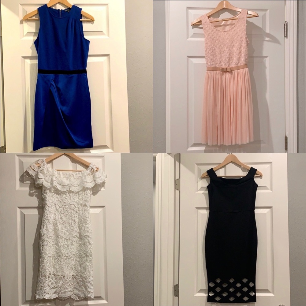 4 dresses.  Good pre-owned condition.  Black, white, pink, blue. Size: 0 / XS